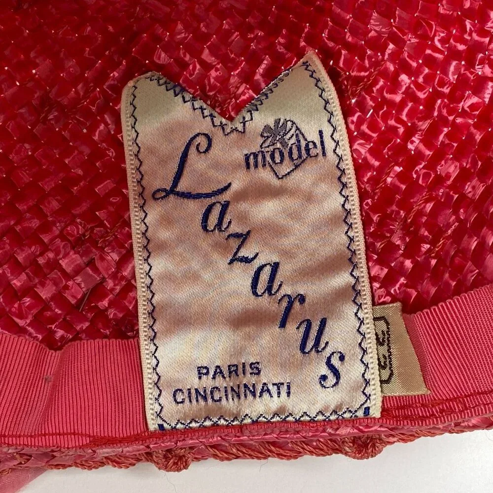 Vintage Lazarus Paris Pink Straw Raffia Hat Sheer Ribbon & Bow Accent Millinery